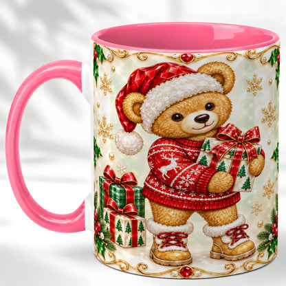 #pl[11oz|Pink] Christmas Teddy Bear Coffee Mug, Holiday Bear Mug, Ceramic Cup