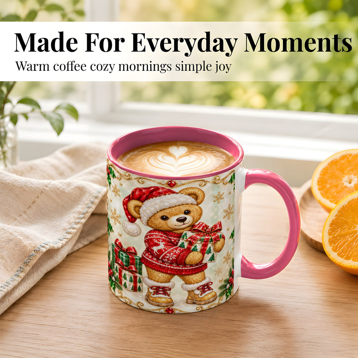 #pl[11oz|Pink] Christmas Teddy Bear Coffee Mug, Holiday Bear Mug, Ceramic Cup