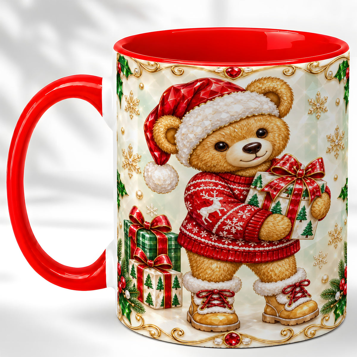 Christmas Teddy Bear Coffee Mug, Holiday Bear Mug, Ceramic Cup