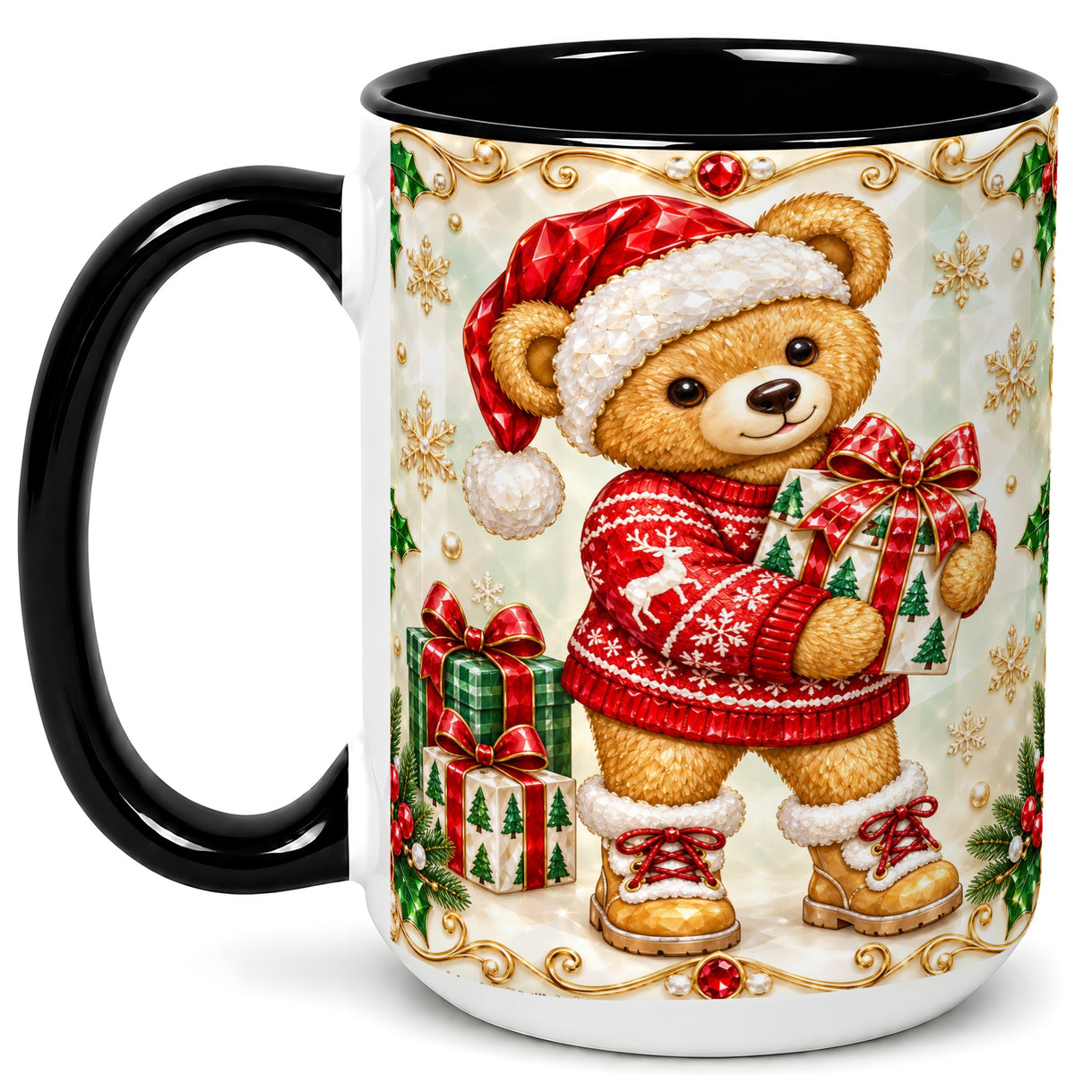 #pl[15oz|Black] Christmas Teddy Bear Coffee Mug, Holiday Bear Mug, Ceramic Cup