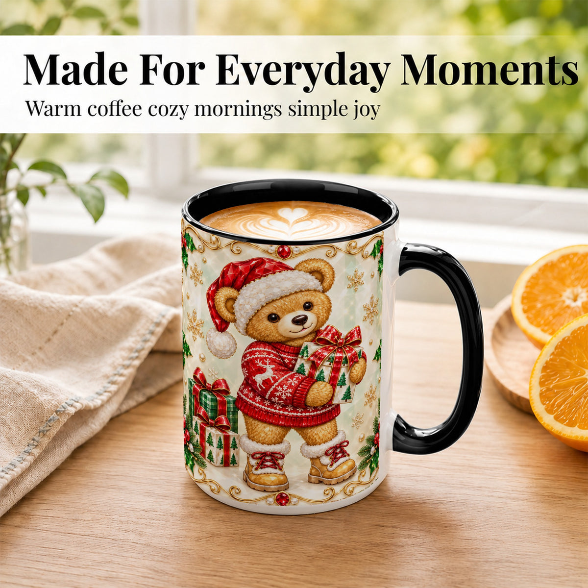 #pl[15oz|Black] Christmas Teddy Bear Coffee Mug, Holiday Bear Mug, Ceramic Cup