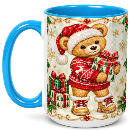 #pl[15oz|Blue] Christmas Teddy Bear Coffee Mug, Holiday Bear Mug, Ceramic Cup