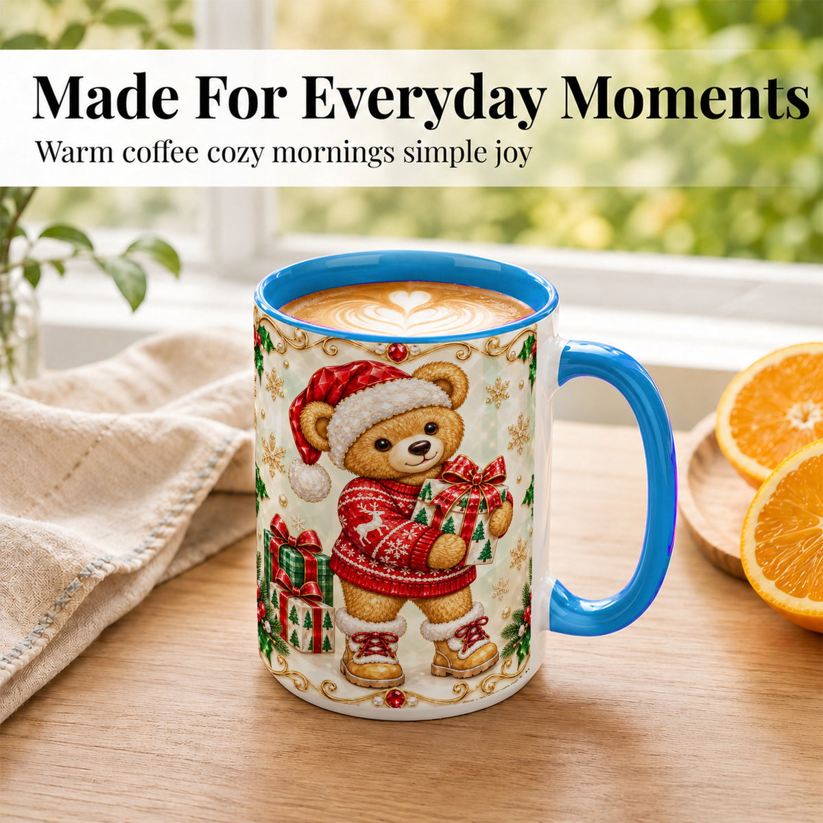 #pl[15oz|Blue] Christmas Teddy Bear Coffee Mug, Holiday Bear Mug, Ceramic Cup