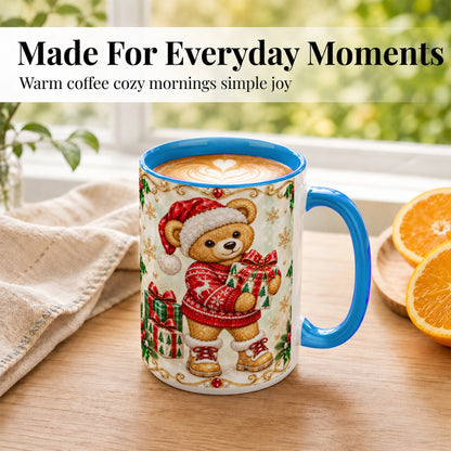 #pl[15oz|Blue] Christmas Teddy Bear Coffee Mug, Holiday Bear Mug, Ceramic Cup