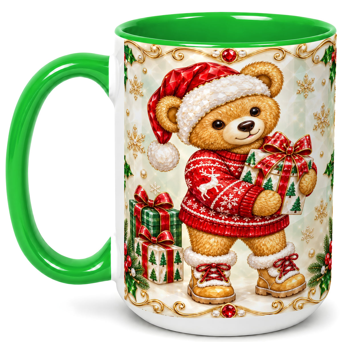 #pl[15oz|Green] Christmas Teddy Bear Coffee Mug, Holiday Bear Mug, Ceramic Cup