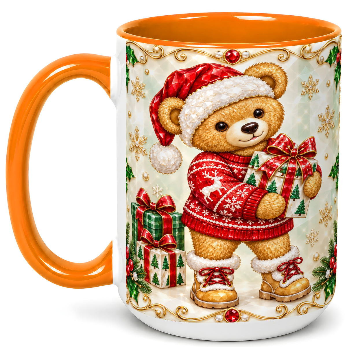 #pl[15oz|Orange] Christmas Teddy Bear Coffee Mug, Holiday Bear Mug, Ceramic Cup