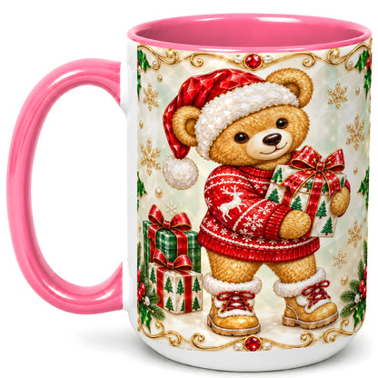 #pl[15oz|Pink] Christmas Teddy Bear Coffee Mug, Holiday Bear Mug, Ceramic Cup