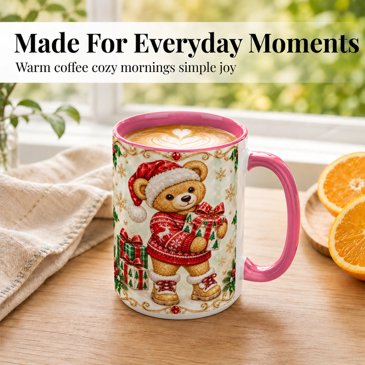 #pl[15oz|Pink] Christmas Teddy Bear Coffee Mug, Holiday Bear Mug, Ceramic Cup