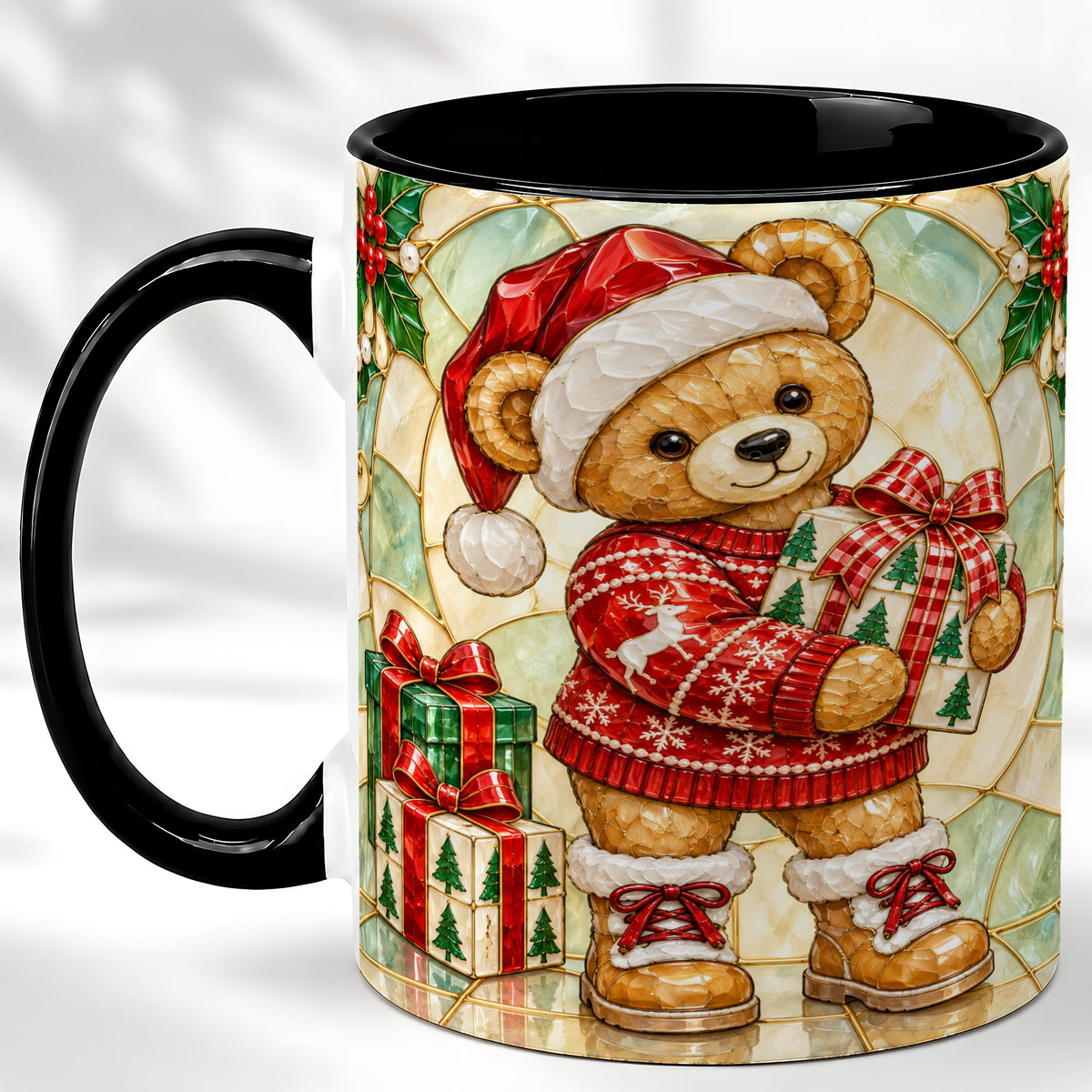#pl[11oz|Black] Christmas Teddy Bear Coffee Mug, Winter Bear Mug, Ceramic Cup