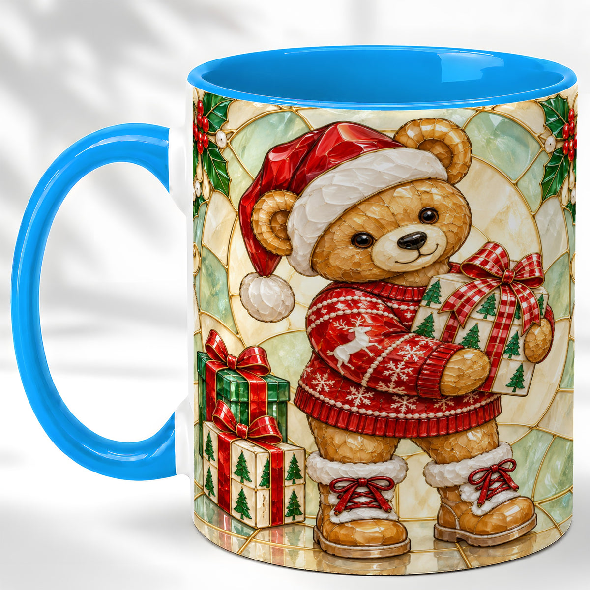 #pl[11oz|Blue] Christmas Teddy Bear Coffee Mug, Winter Bear Mug, Ceramic Cup