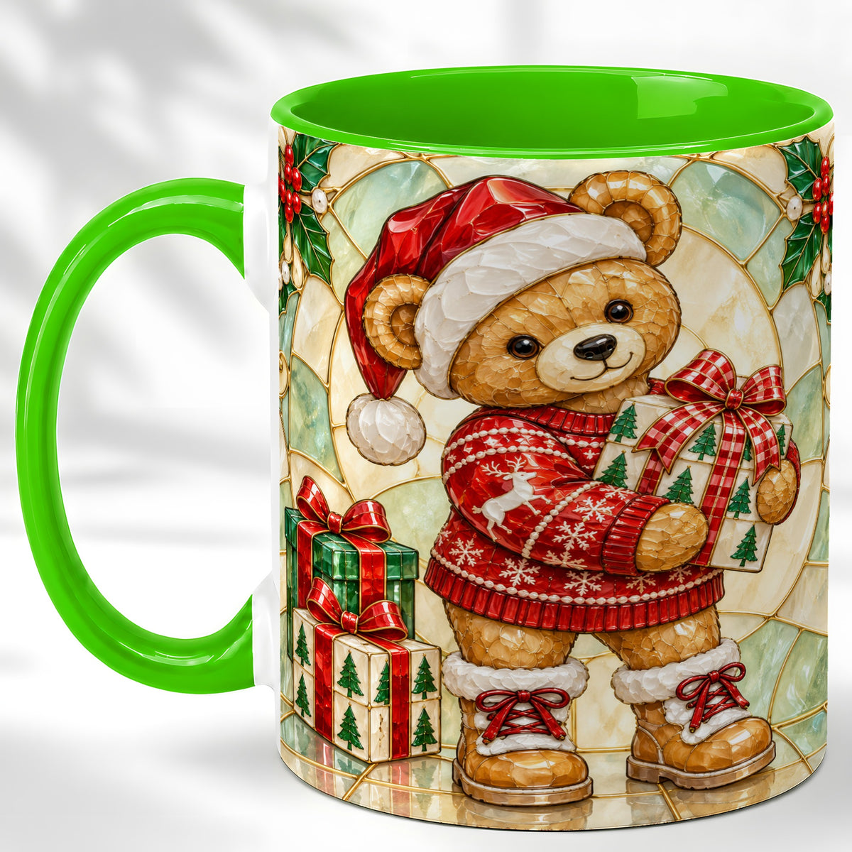 #pl[11oz|Green] Christmas Teddy Bear Coffee Mug, Winter Bear Mug, Ceramic Cup