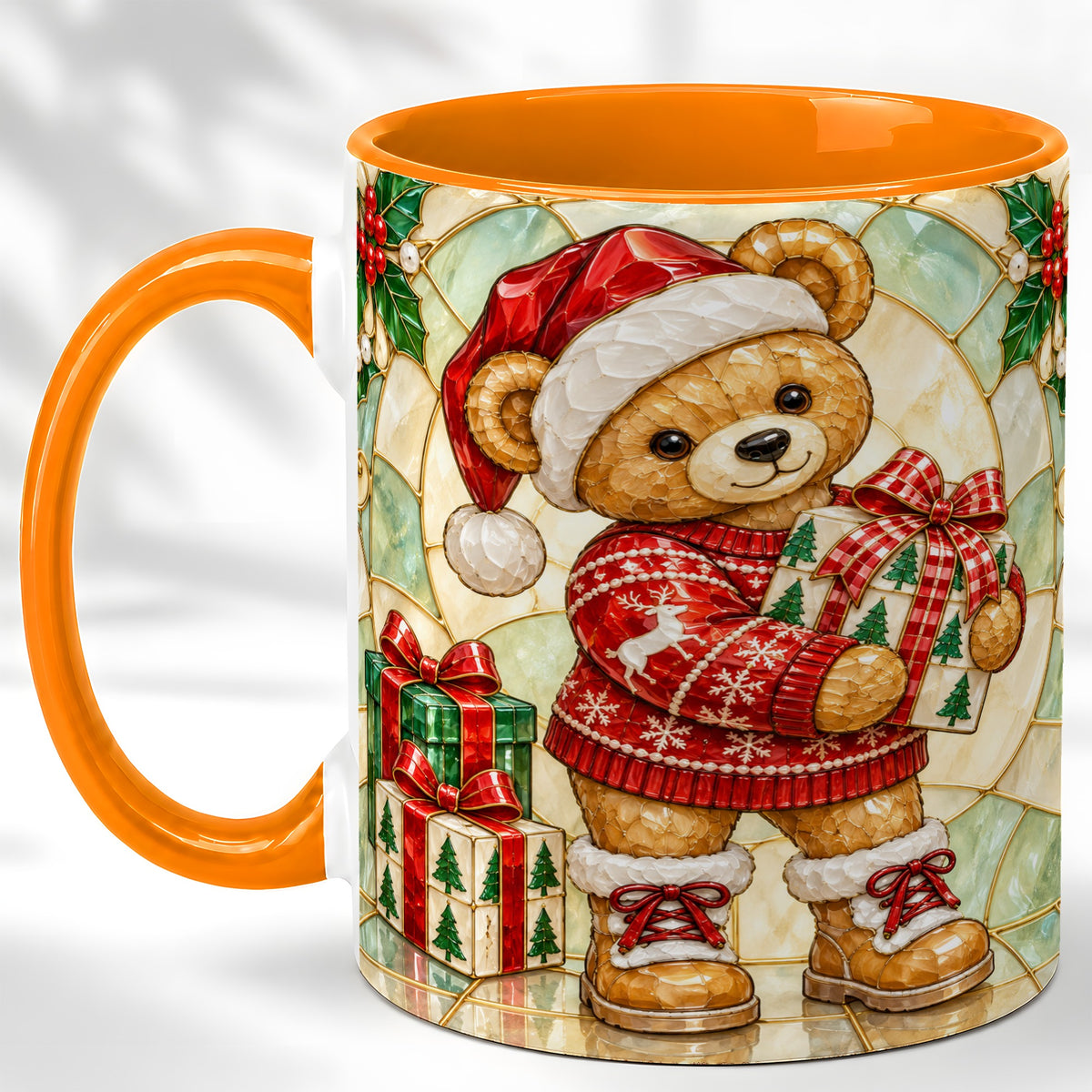 #pl[11oz|Orange] Christmas Teddy Bear Coffee Mug, Winter Bear Mug, Ceramic Cup