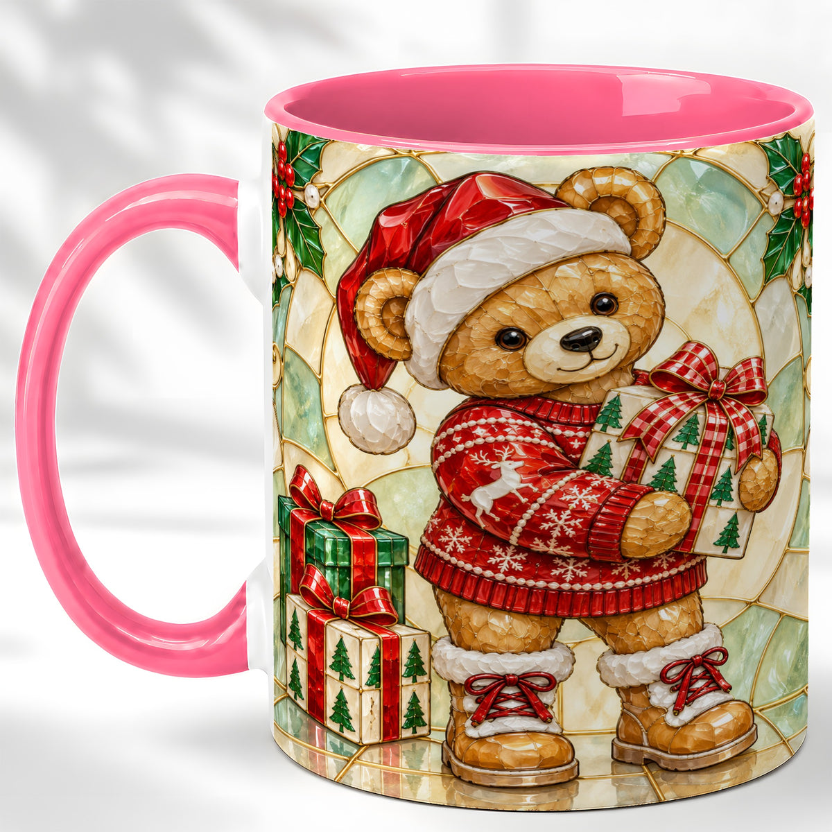 #pl[11oz|Pink] Christmas Teddy Bear Coffee Mug, Winter Bear Mug, Ceramic Cup