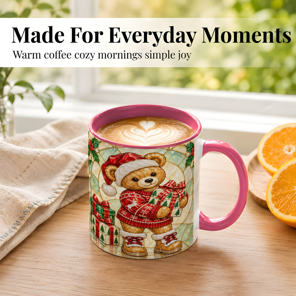 #pl[11oz|Pink] Christmas Teddy Bear Coffee Mug, Winter Bear Mug, Ceramic Cup