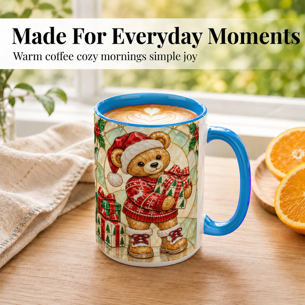 #pl[15oz|Blue] Christmas Teddy Bear Coffee Mug, Winter Bear Mug, Ceramic Cup