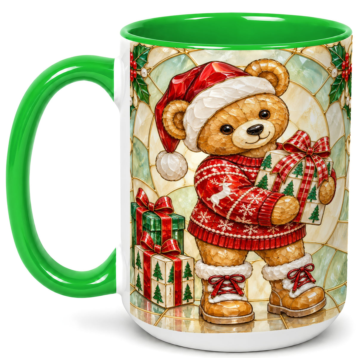 #pl[15oz|Green] Christmas Teddy Bear Coffee Mug, Winter Bear Mug, Ceramic Cup