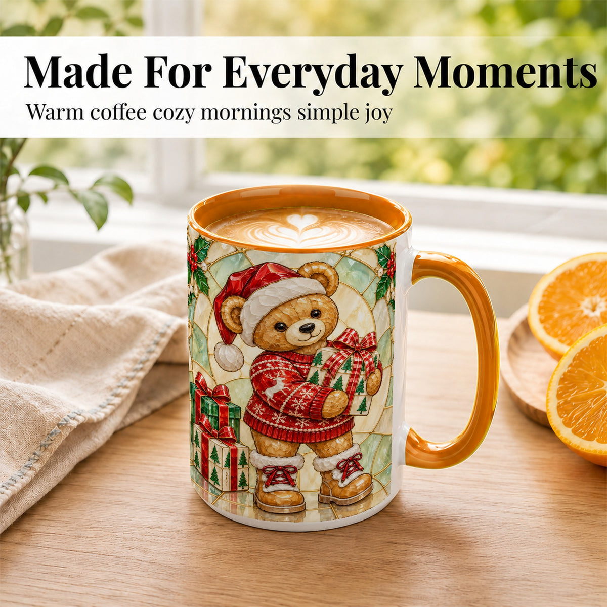 #pl[15oz|Orange] Christmas Teddy Bear Coffee Mug, Winter Bear Mug, Ceramic Cup