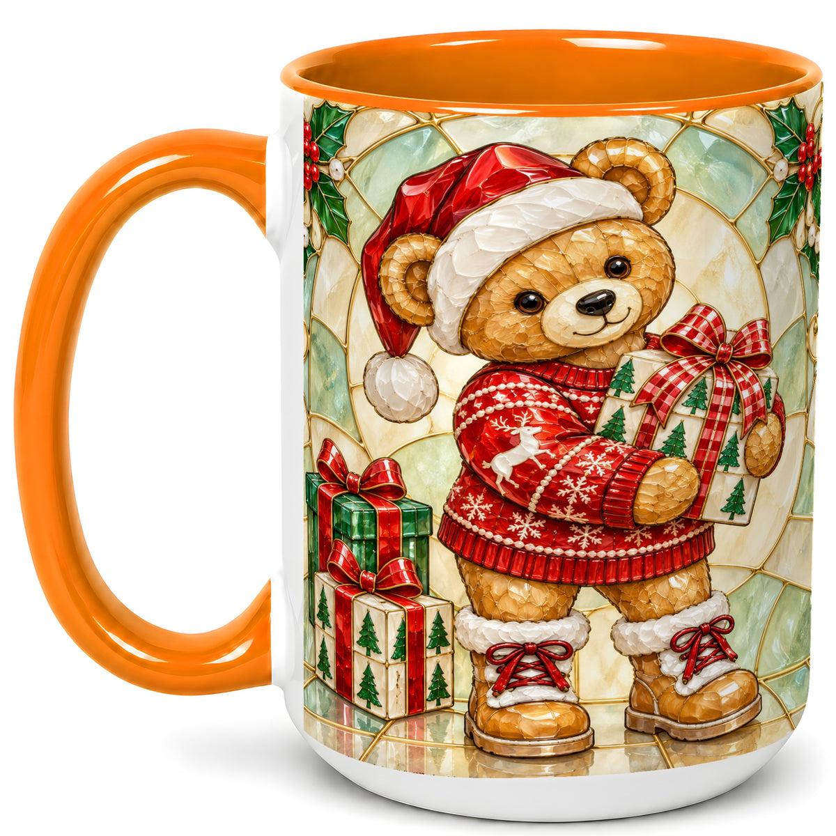 #pl[15oz|Orange] Christmas Teddy Bear Coffee Mug, Winter Bear Mug, Ceramic Cup