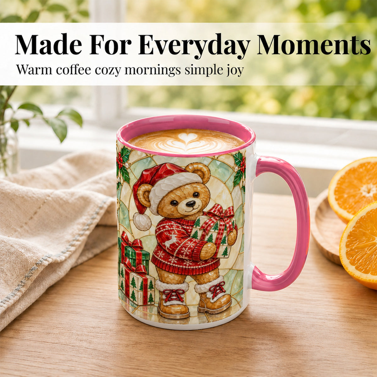 #pl[15oz|Pink] Christmas Teddy Bear Coffee Mug, Winter Bear Mug, Ceramic Cup