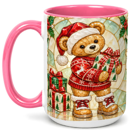 #pl[15oz|Pink] Christmas Teddy Bear Coffee Mug, Winter Bear Mug, Ceramic Cup