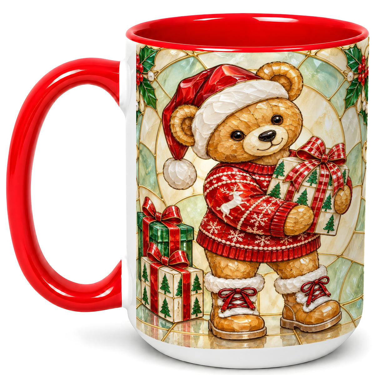 #pl[15oz|Red] Christmas Teddy Bear Coffee Mug, Winter Bear Mug, Ceramic Cup