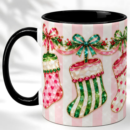 #pl[11oz|Black] Jeweled Christmas Stockings Coffee Mug, Holiday Stocking Mug, Ceramic Cup
