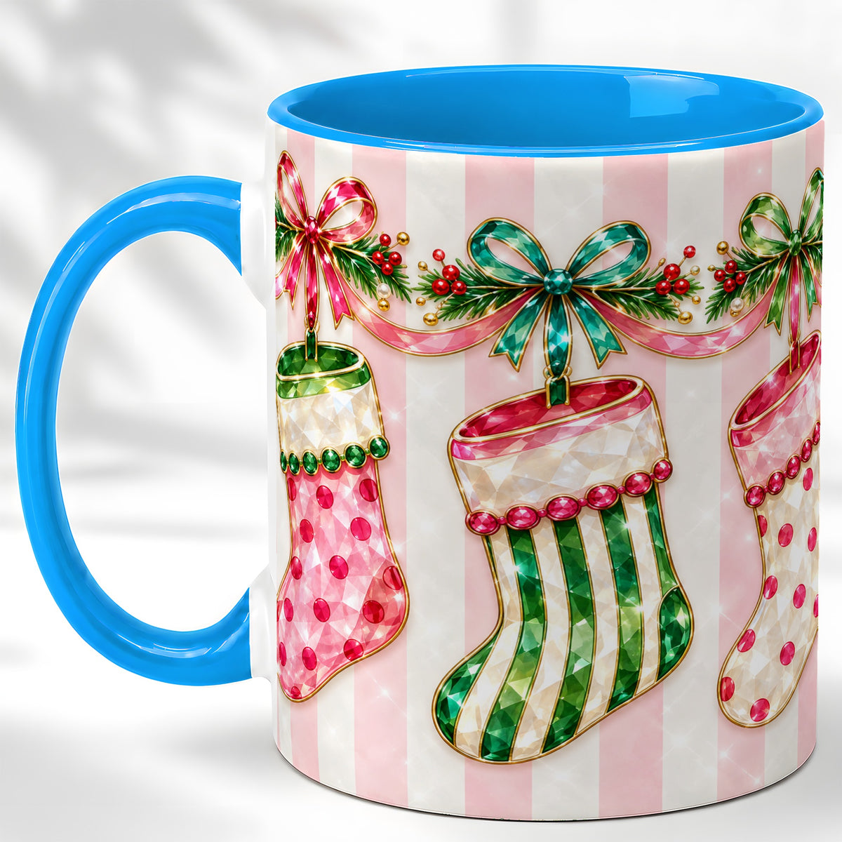 #pl[11oz|Blue] Jeweled Christmas Stockings Coffee Mug, Holiday Stocking Mug, Ceramic Cup