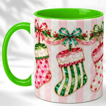 #pl[11oz|Green] Jeweled Christmas Stockings Coffee Mug, Holiday Stocking Mug, Ceramic Cup