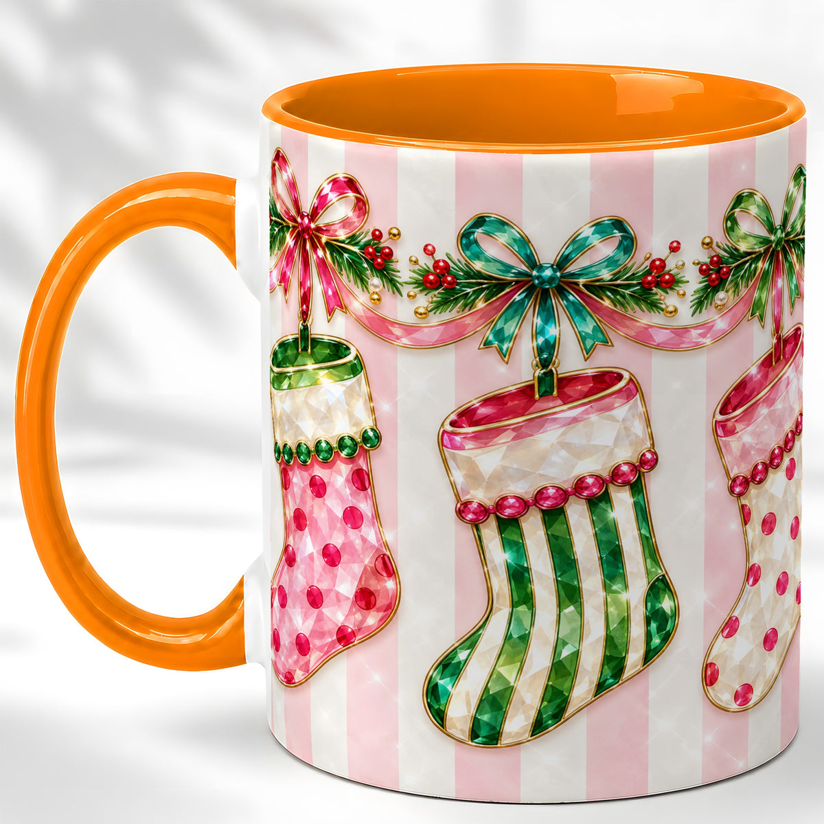 #pl[11oz|Orange] Jeweled Christmas Stockings Coffee Mug, Holiday Stocking Mug, Ceramic Cup