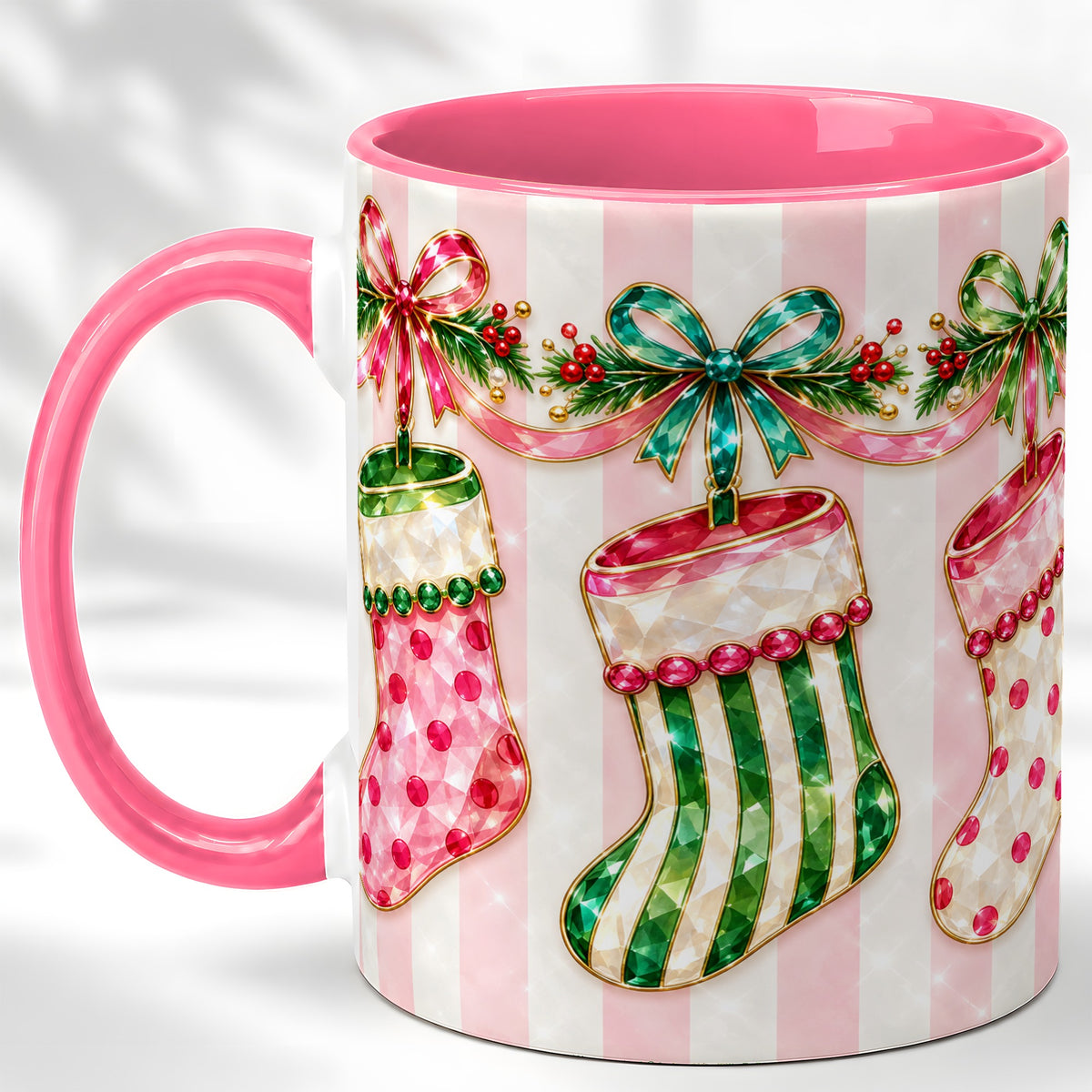 #pl[11oz|Pink] Jeweled Christmas Stockings Coffee Mug, Holiday Stocking Mug, Ceramic Cup