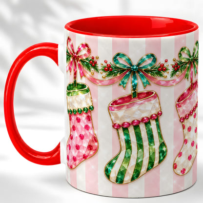 Jeweled Christmas Stockings Coffee Mug, Holiday Stocking Mug, Ceramic Cup