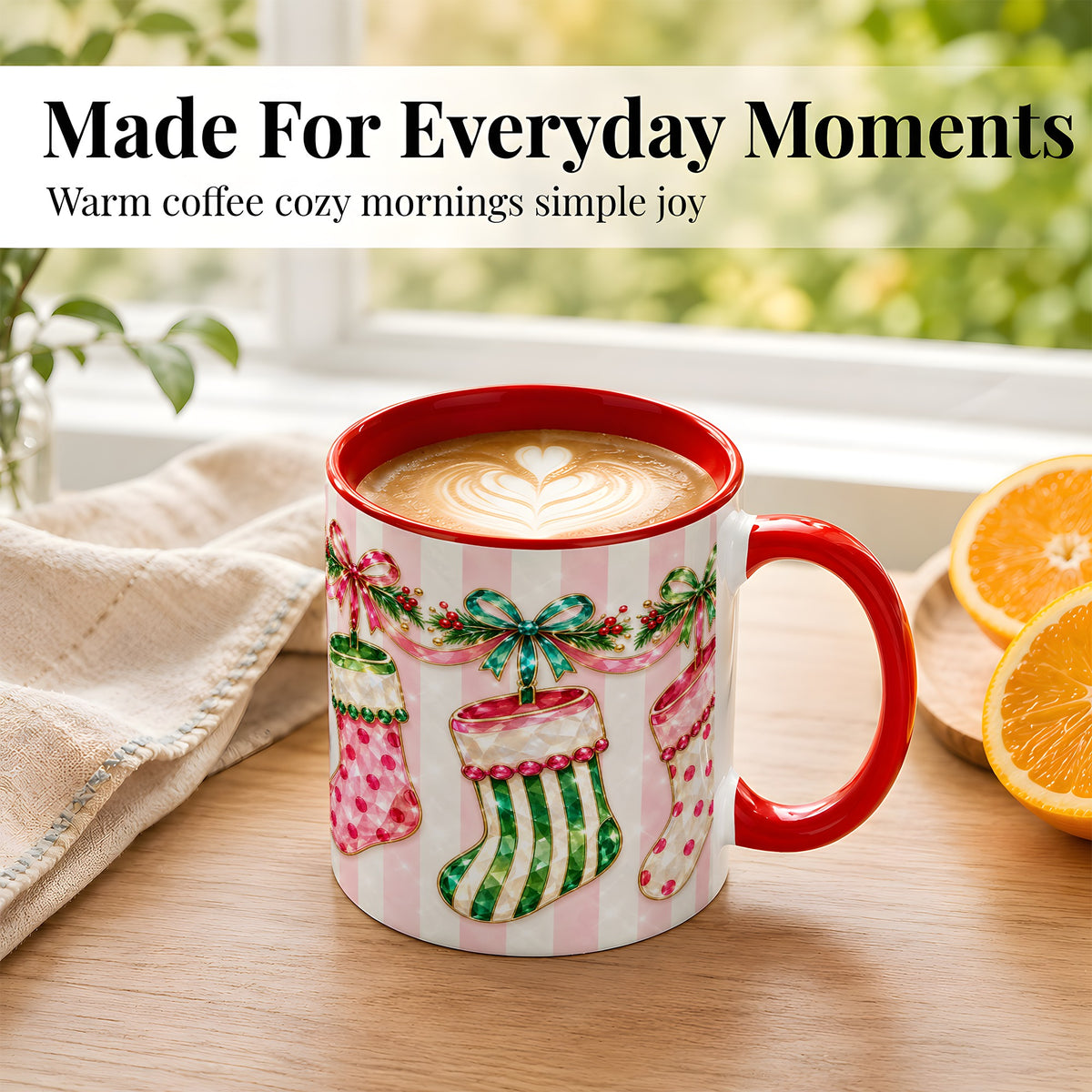 #pl[11oz|Red] Jeweled Christmas Stockings Coffee Mug, Holiday Stocking Mug, Ceramic Cup