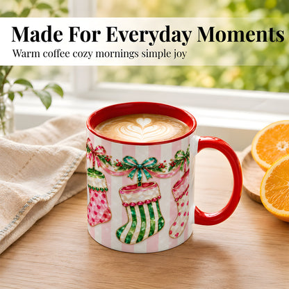 #pl[11oz|Red] Jeweled Christmas Stockings Coffee Mug, Holiday Stocking Mug, Ceramic Cup