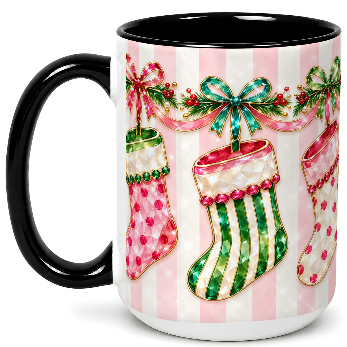 #pl[15oz|Black] Jeweled Christmas Stockings Coffee Mug, Holiday Stocking Mug, Ceramic Cup