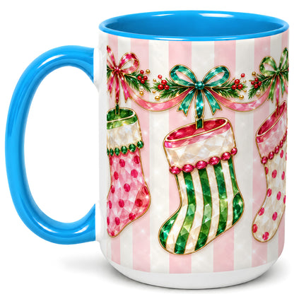 #pl[15oz|Blue] Jeweled Christmas Stockings Coffee Mug, Holiday Stocking Mug, Ceramic Cup