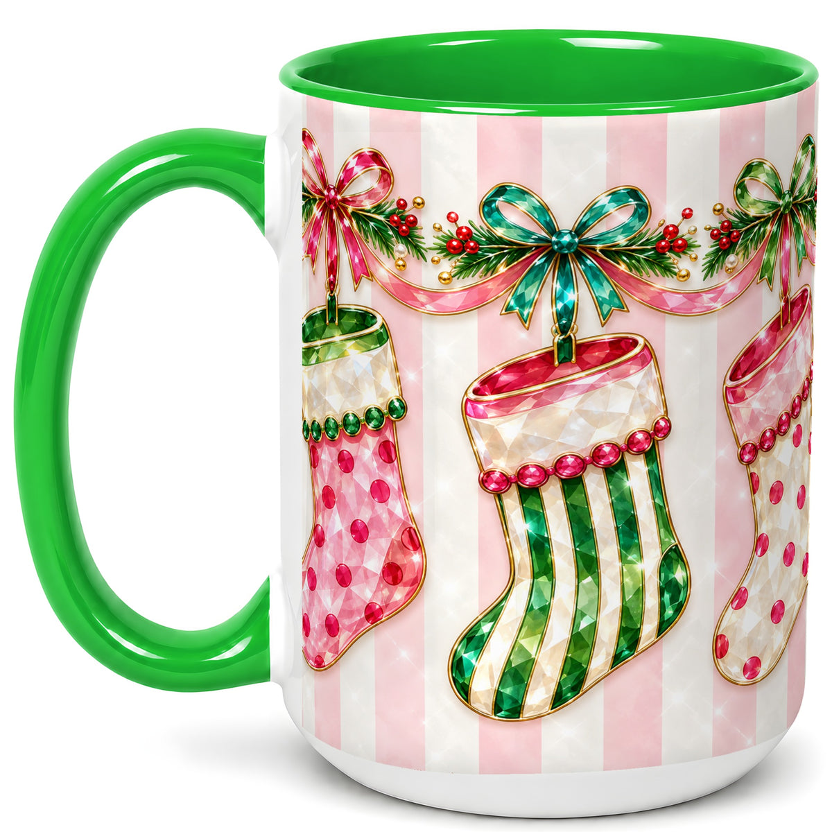 #pl[15oz|Green] Jeweled Christmas Stockings Coffee Mug, Holiday Stocking Mug, Ceramic Cup