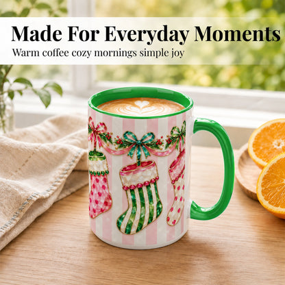 #pl[15oz|Green] Jeweled Christmas Stockings Coffee Mug, Holiday Stocking Mug, Ceramic Cup