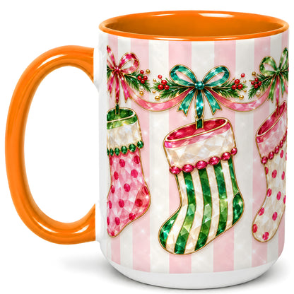 #pl[15oz|Orange] Jeweled Christmas Stockings Coffee Mug, Holiday Stocking Mug, Ceramic Cup