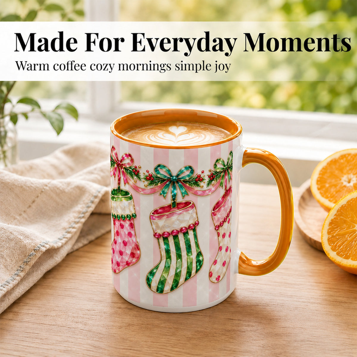 #pl[15oz|Orange] Jeweled Christmas Stockings Coffee Mug, Holiday Stocking Mug, Ceramic Cup