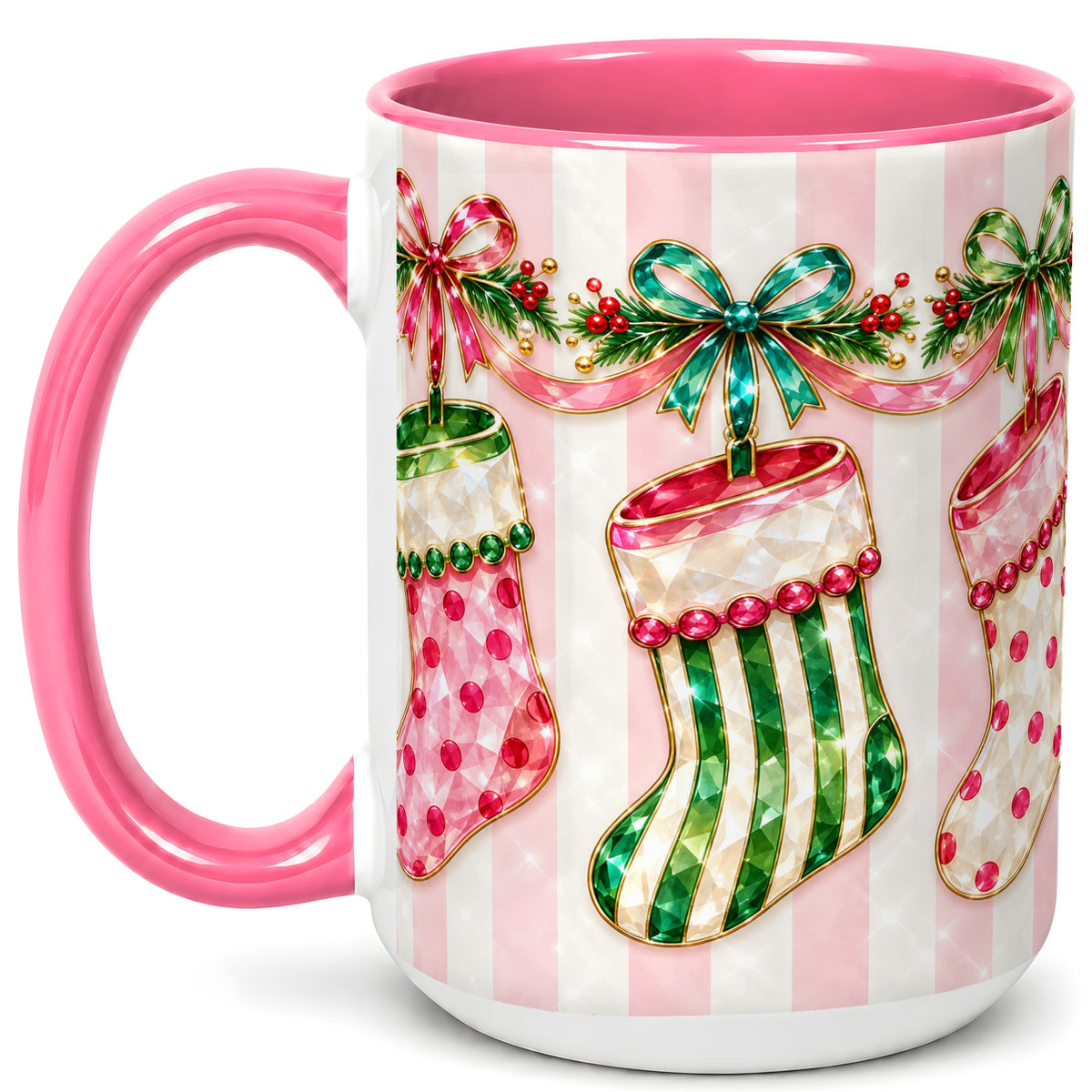 #pl[15oz|Pink] Jeweled Christmas Stockings Coffee Mug, Holiday Stocking Mug, Ceramic Cup