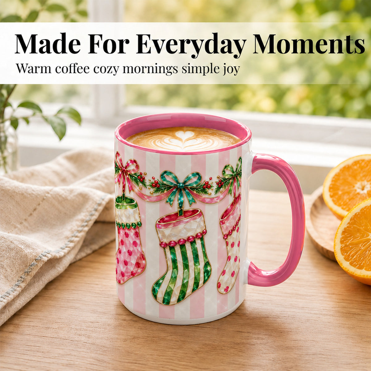 #pl[15oz|Pink] Jeweled Christmas Stockings Coffee Mug, Holiday Stocking Mug, Ceramic Cup