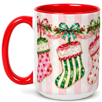 #pl[15oz|Red] Jeweled Christmas Stockings Coffee Mug, Holiday Stocking Mug, Ceramic Cup
