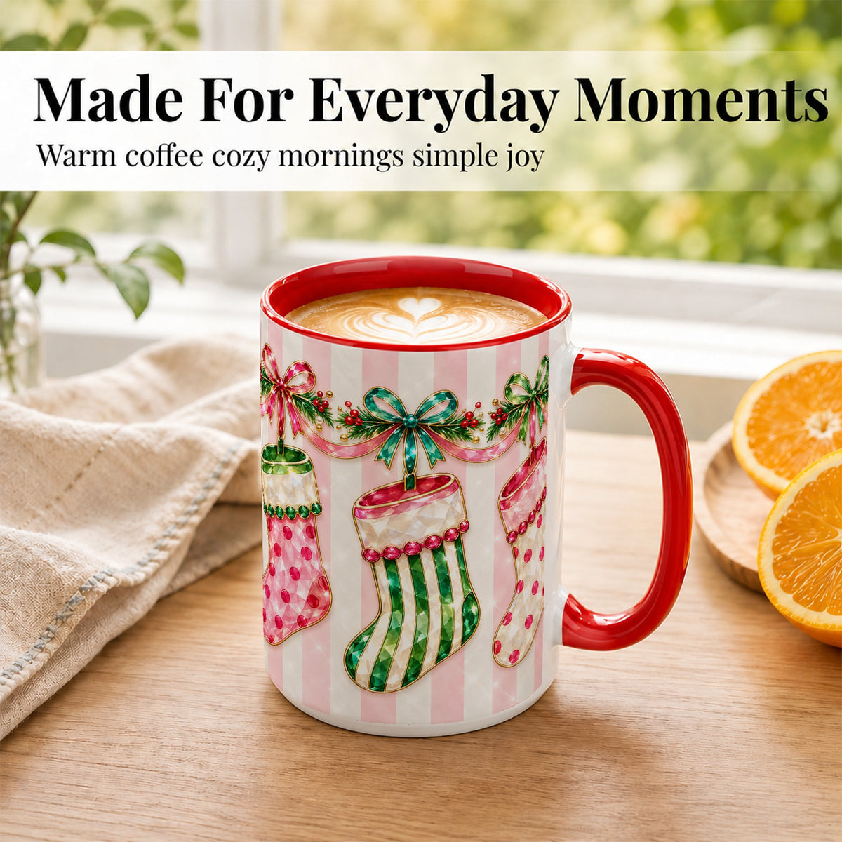 #pl[15oz|Red] Jeweled Christmas Stockings Coffee Mug, Holiday Stocking Mug, Ceramic Cup