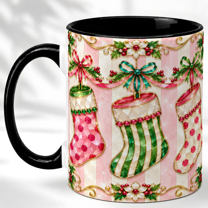 #pl[11oz|Black] Ornate Christmas Stockings Coffee Mug, Jeweled Holiday Mug, Ceramic Cup