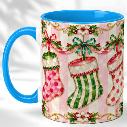 #pl[11oz|Blue] Ornate Christmas Stockings Coffee Mug, Jeweled Holiday Mug, Ceramic Cup
