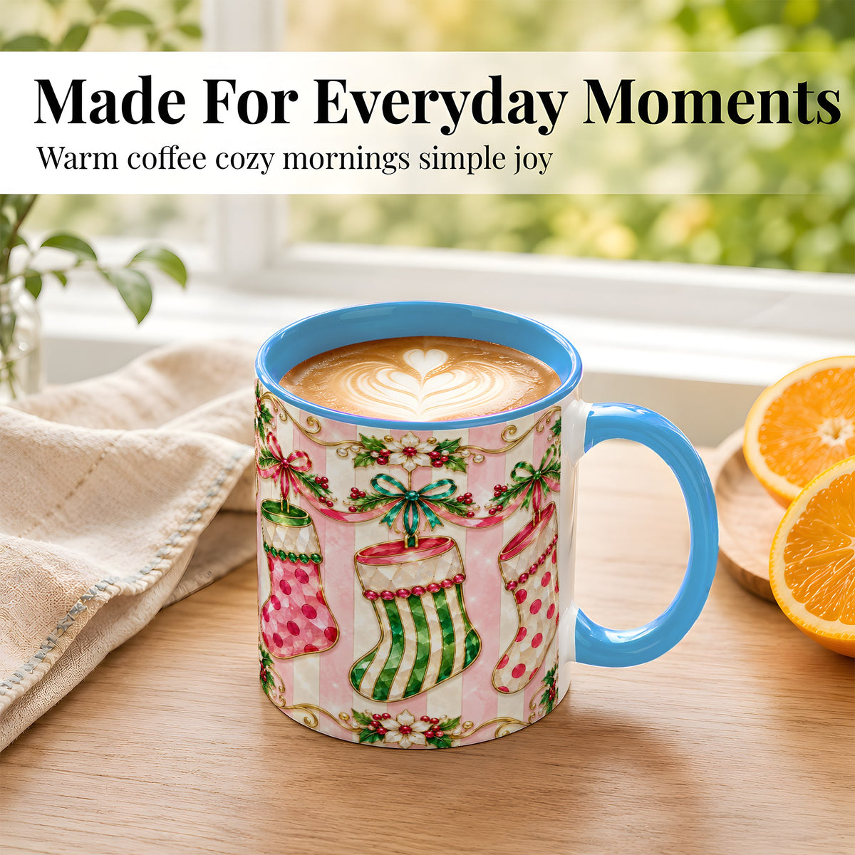 #pl[11oz|Blue] Ornate Christmas Stockings Coffee Mug, Jeweled Holiday Mug, Ceramic Cup