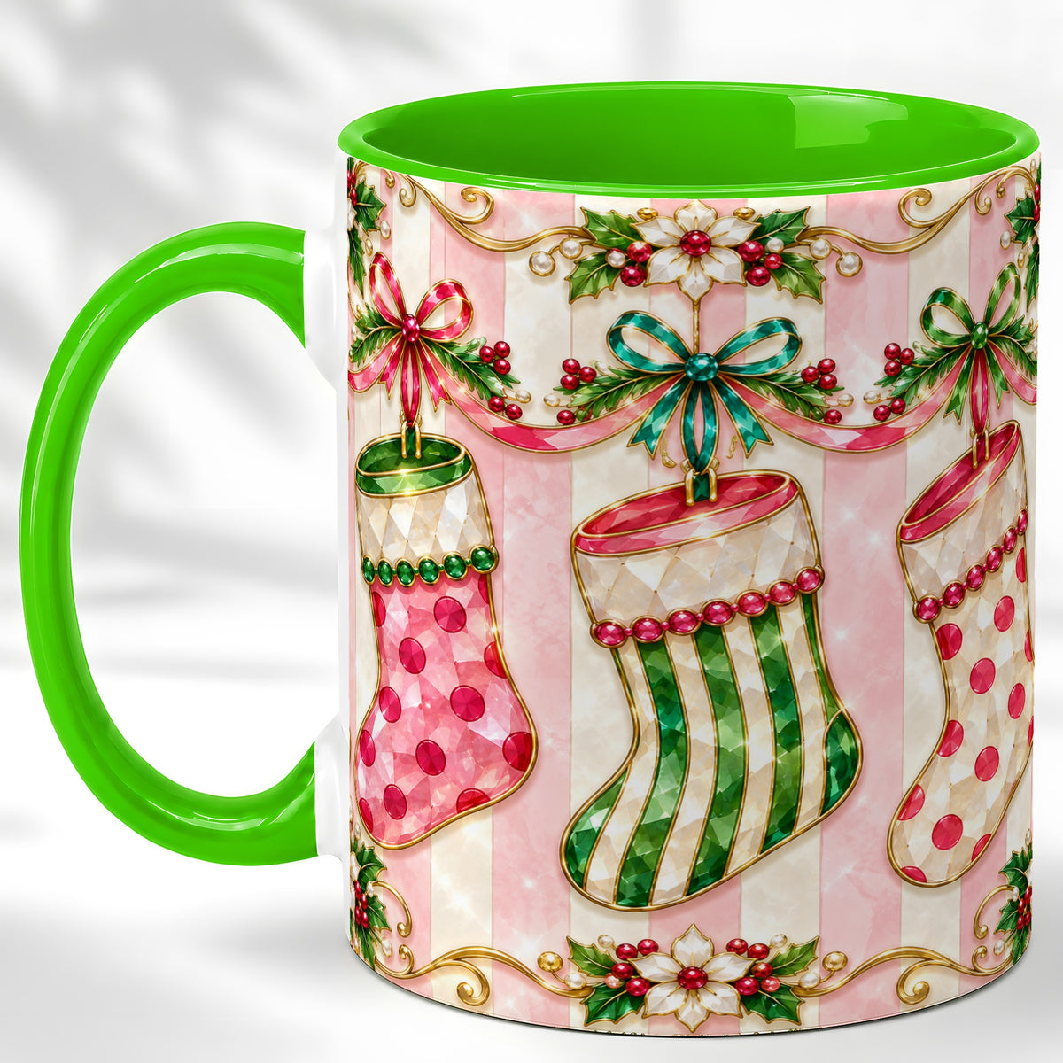 #pl[11oz|Green] Ornate Christmas Stockings Coffee Mug, Jeweled Holiday Mug, Ceramic Cup