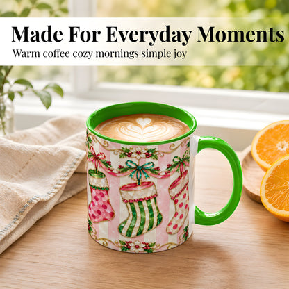 #pl[11oz|Green] Ornate Christmas Stockings Coffee Mug, Jeweled Holiday Mug, Ceramic Cup
