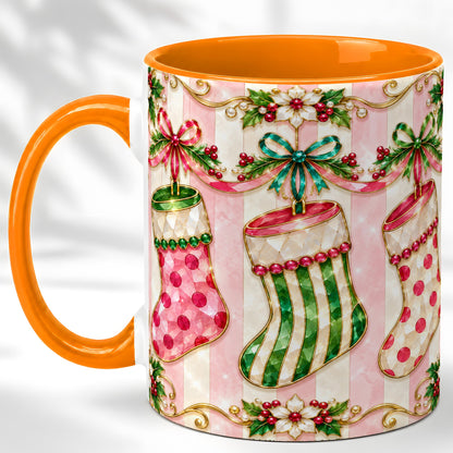 #pl[11oz|Orange] Ornate Christmas Stockings Coffee Mug, Jeweled Holiday Mug, Ceramic Cup
