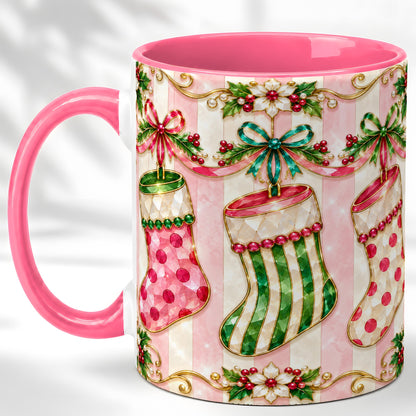 #pl[11oz|Pink] Ornate Christmas Stockings Coffee Mug, Jeweled Holiday Mug, Ceramic Cup